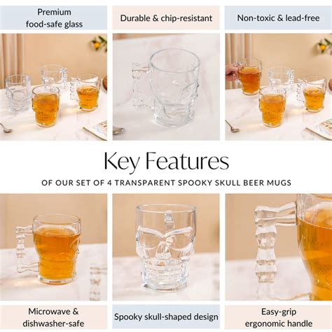 Set Of 4 Transparent Spooky Skull Beer Mugs 500ml Online - Premium Beer ...