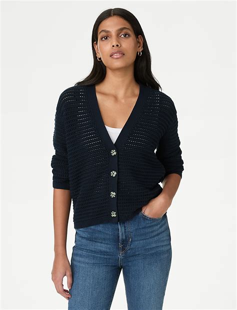 Buy Cotton Rich Textured V-Neck Cardigan at Marks & Spencer