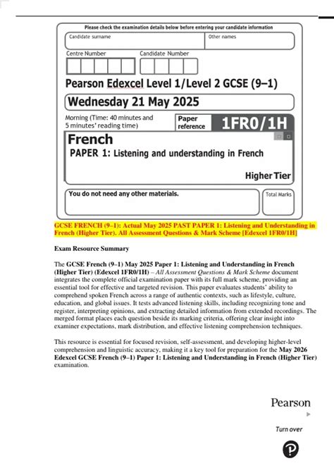 GCSE FRENCH (9-1): Actual May 2025 PAST PAPER 1: Listening and ...
