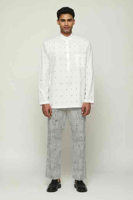 Buy White Cotton Embroidery Code Short Kurta For Men by Abraham And ...