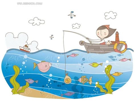 儿童卡通插画——坐着小船在海上钓鱼的小女孩EPS素材免费下载_红动网