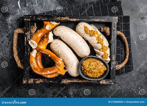 Bavarian Meal with White Sausages and Sweet Mustard in Wooden Tray with ...