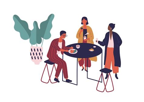 Cartoon vrienden genieten van lunch samen in cafetaria platte ...