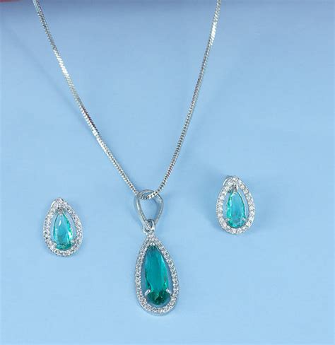 Rhodium Plated Green Drop American Diamond Trendy Pendant Set – PRIVIU ...