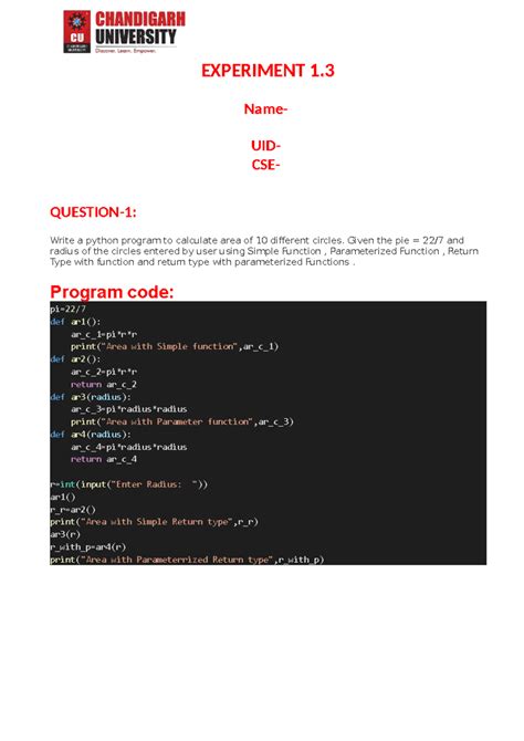 Practical 1 - PYTHON - EXPERIMENT 1. Name- UID- CSE- QUESTION-1: Write ...