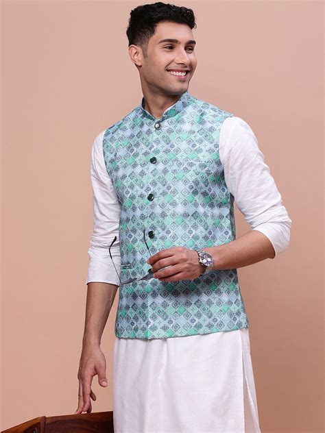 SHOWOFF Men's Printed Turquoise Blue Slim Fit Nehru Jacket