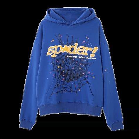 Sp5der Hoodie In Blue Front View With Logo Print