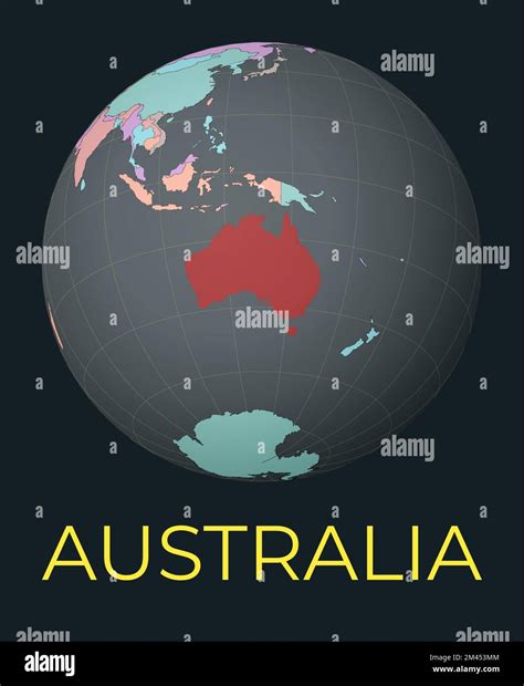 World map centered on Australia. Red country highlighted. Satellite world view centered on ...