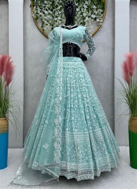 Awesome Thread Embroidered Sky Blue Net Lehenga Choli For Party – tapee.in