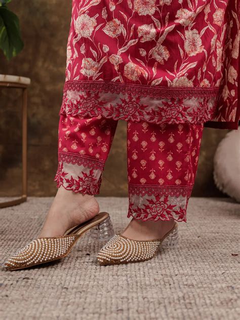 Hot Pink Floral Print Pure Cotton Beads Straight Kurta Dupatta Set Wit ...