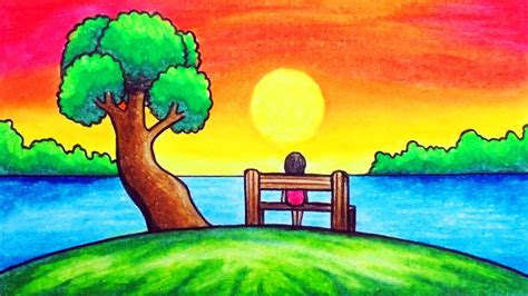 How to Draw Easy Scenery | Drawing Beautiful Sunset Scenery Step by Step with Oil Pastels - YouTube