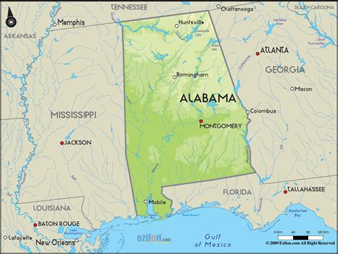 Detailed Clear Large Road Map of Alabama Topography and Physical ...