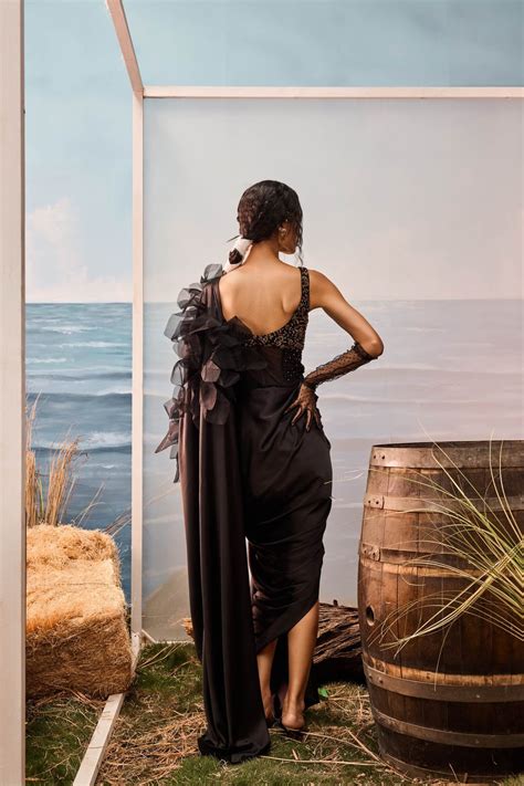 Black Satin Drape Saree With Embellished Bodysuit – Esha Sethi Thirani