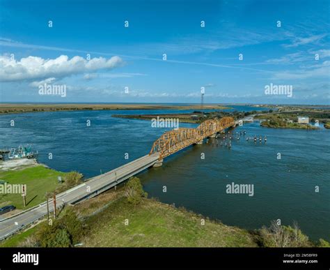 Aerial view of Fort Macomb ruined brick fort in Louisiana with two ...
