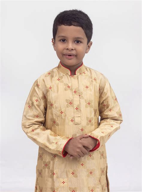 Beige banarasi brocade kurta set with a highlighted stand collar and f ...