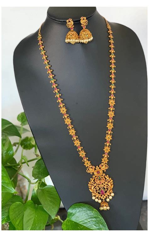 Antique gold finished peacock long haram/ Haar with Jhumkas /Indian ...