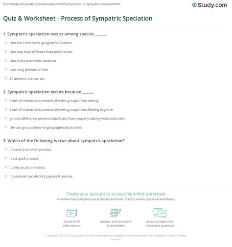 Quiz & Worksheet - Process of Sympatric Speciation | Study.com