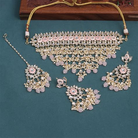 Sukkhi Pink Gold Plated Kundan & Pearl Choker Necklace Set For Women ...