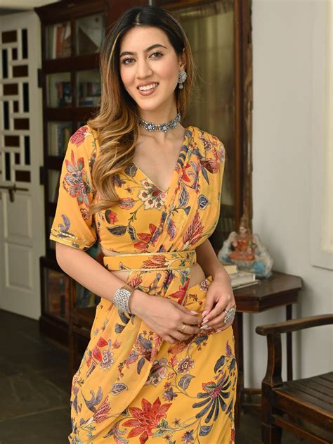 Shop Yellow Printed Ruffle Saree Online - Lavanya The Label