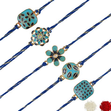 eCraftIndia Blue, Golden & Black Set of 5 Semi Precious Designer Rakhi