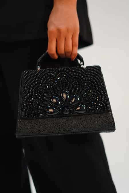 Buy Black Beads, Pearls Faux Leather Embellished Clutch by Vaidaan ...