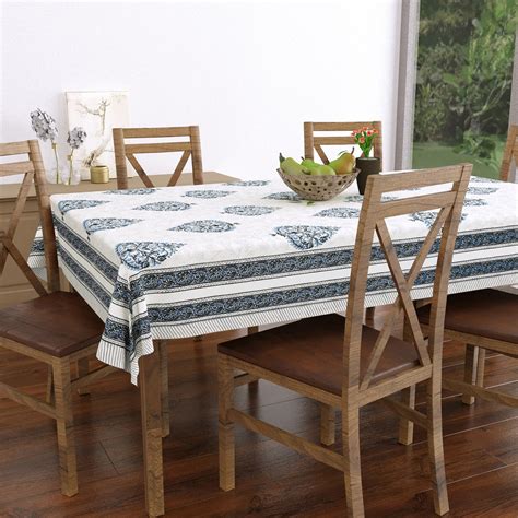 Pure Cotton Table Cloth Rajasthani Hand Block Printed (Blue Grey Paan ...