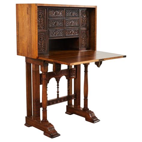 Spanish Baroque Style Walnut Vargueño Cabinet on Stand For Sale at 1stDibs