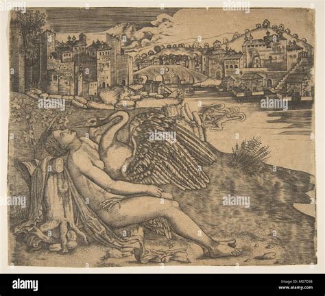 This painting shows Leda embracing Zeus in swan form, with figures near a river, town, and ...