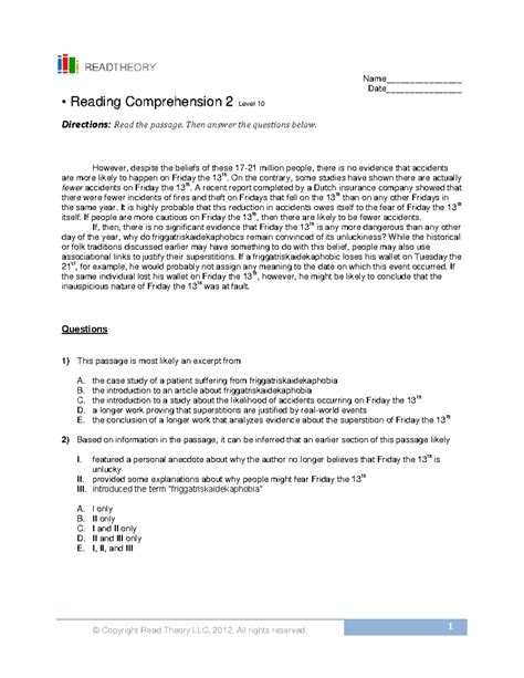 Level 10 Passage 2 - © Copyright Read Theory LLC, 2012. All rights ...