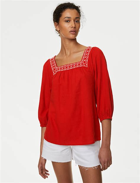 Buy Linen Blend Embroidered Puff Sleeve Blouse at Marks & Spencer