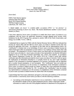 Fillable Online fsa usda Sample AGI Certification Statement ...