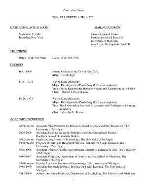 Fillable Online isr umich Curriculum Vitae TONI CLAUDETTE ANTONUCCI ...