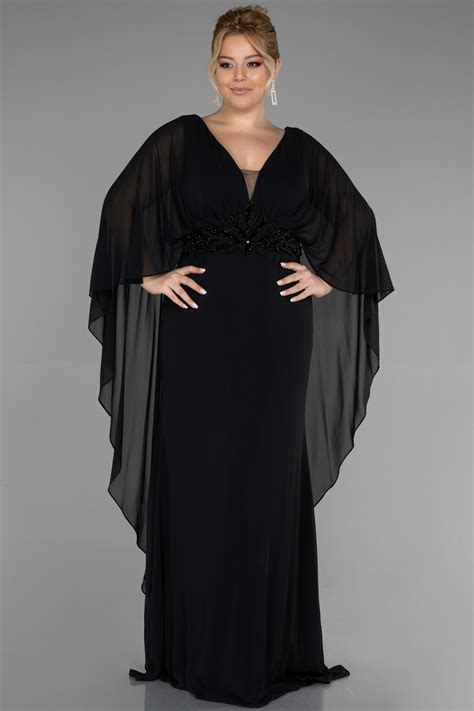 Long Black Chiffon Plus Size Evening Dress ABU3488 | Abiyefon.com