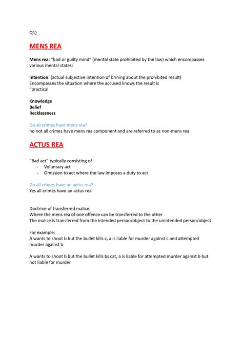 Criminal law day 1 - Q1) MENS REA Mens rea: “bad or guilty mind ...