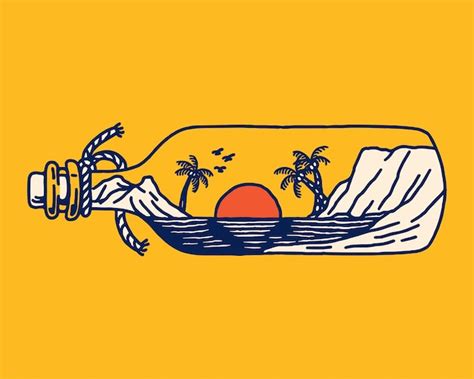 A tropical illustration of a palm island with sunset framed inside a ...