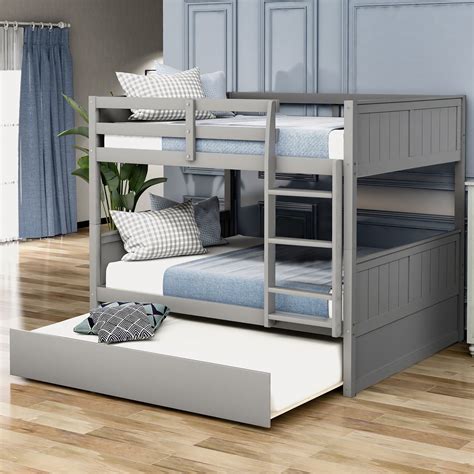 Full Over Full Bunk Bed with Twin Size Trundle, Wooden Bunk Bed Frame ...