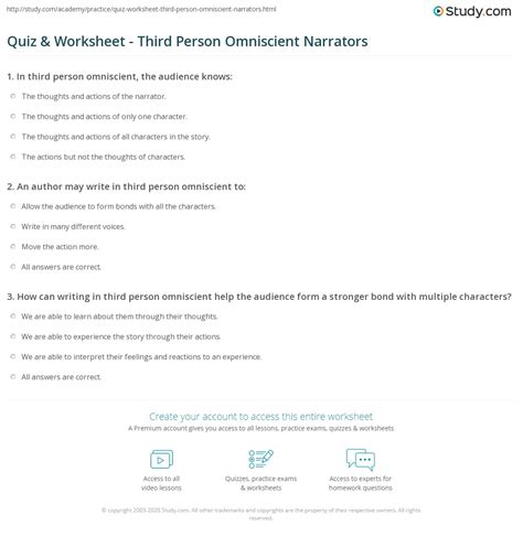 Quiz & Worksheet - Third Person Omniscient Narrators | Study.com