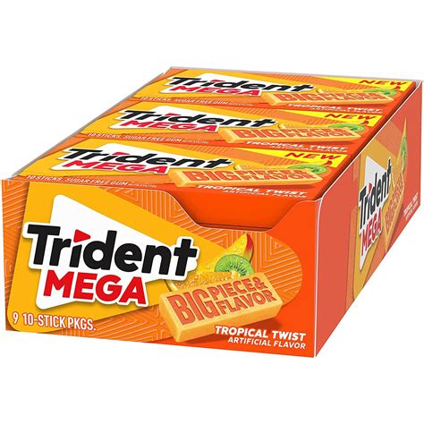 Trident Mega Tropical Twist Sugar Free Gum - 9 Packs (90 Pieces) | Buy ...