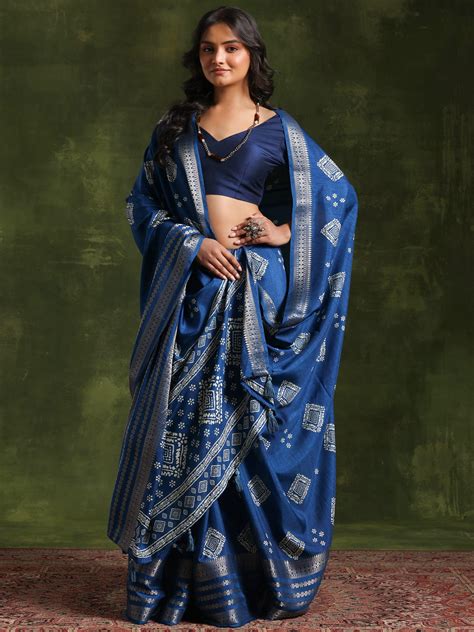 Buy Teal Printed Silk Blend Saree With Unstitched Blouse Piece Online ...