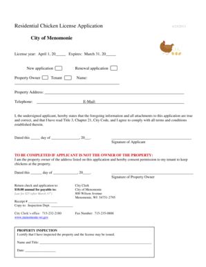 Fillable Online Residential Chicken License Application - Menomonie Fax ...