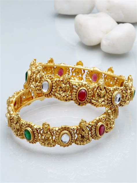 Karatcart Antique Gold Plated Mata Laxmi Rajwadi Temple Bangle Set for