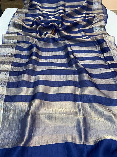 Navy Blue Pure Kora Tissue Silk Saree with Striped Pallu – AuraBenaras