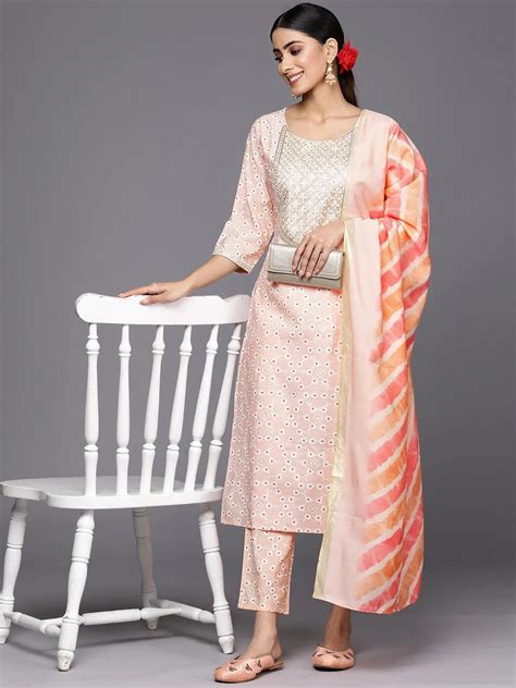 Buy Peach Yoke Design Silk Blend Straight Kurta With Trousers & Dupatta ...