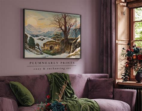Hobbit House Painting Digital Art Print, the Shire Winter Fantasy Landscape Wall Art, Mountain ...