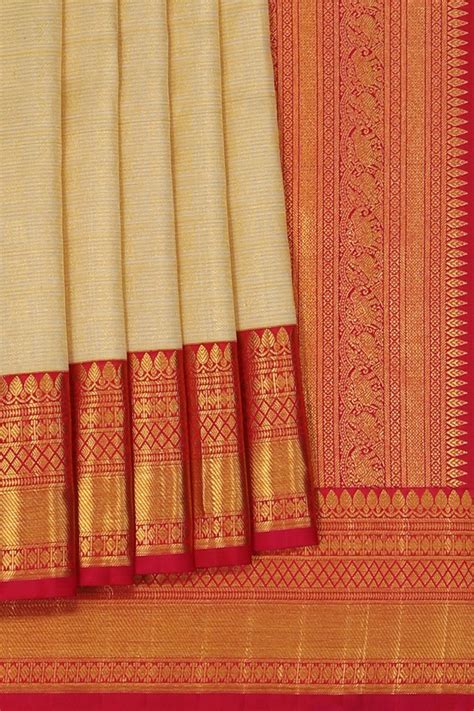 Kanchipuram Silk Kattam Off-White Saree – Kalanjali