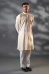 Buy Cream Cotton, Net Embroidery Embossed Threadwork Kurta And Pant Set ...