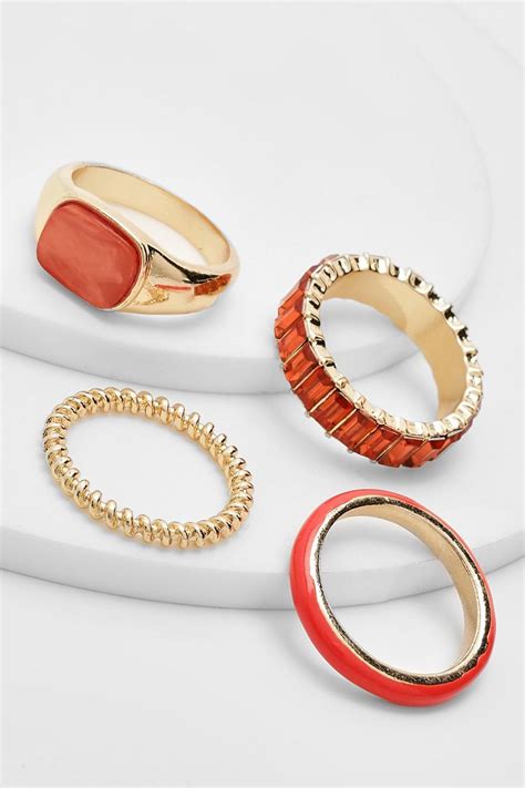 Enamel And Diamante Ring Pack | boohoo UK