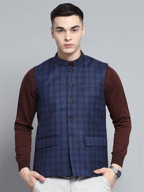 Buy Men Blue Solid Band Collar Sleeveless Jacket Online in India ...