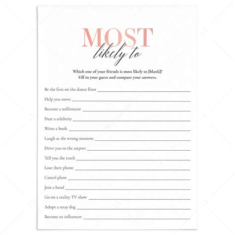 Whos Most Likely To Game Printable Rose Gold | Girl Party Games | Girls ...