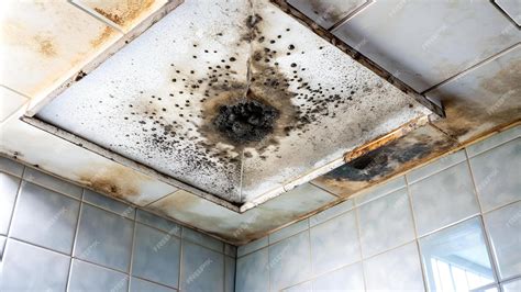 Dirty scary black mold on bathroom ceiling from wet moisture danger ...